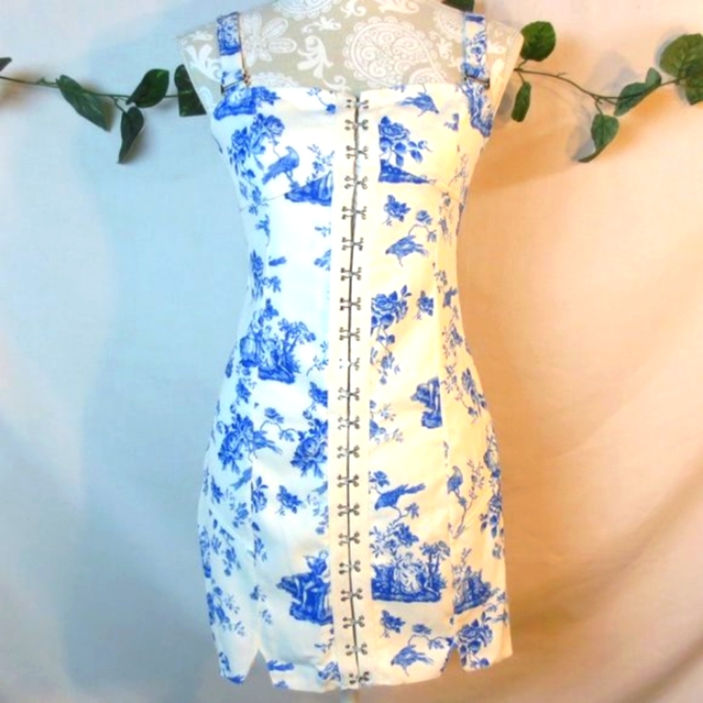 NEW 90sFor Love Bell Dress White Blue Victorian Print Corset Bodycon Mini Size S